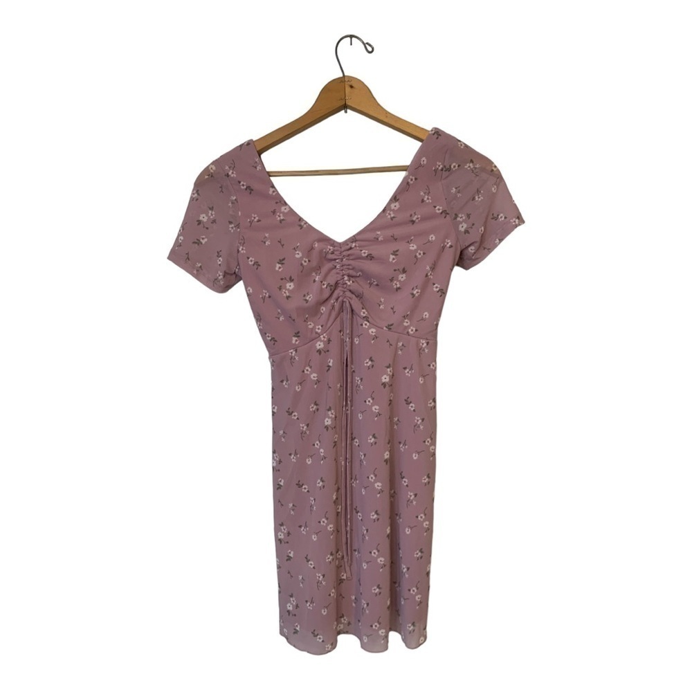 Hollister Pink Mauve Floral Mesh Mini Dress Ruched Tie Front XS